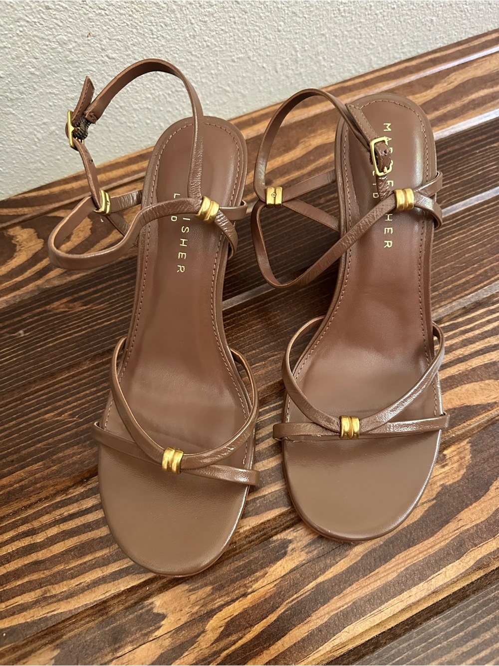 Marc Fisher Brown Leather Strappy Wedge Sandals with Gold Accents